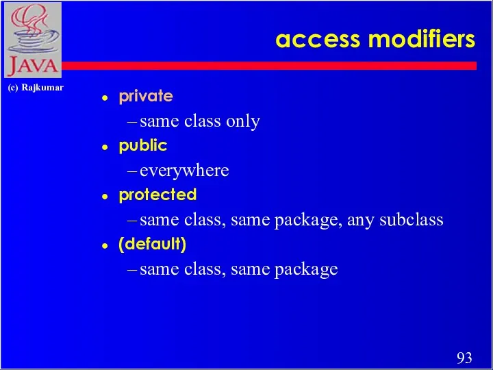 access modifiers private same class only public everywhere protected same