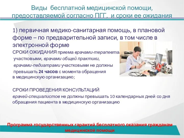 Виды бесплатной медицинской помощи, предоставляемой согласно ПГГ, и сроки ее