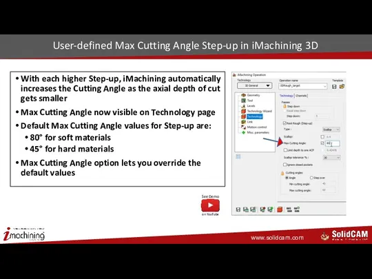 User-defined Max Cutting Angle Step-up in iMachining 3D With each