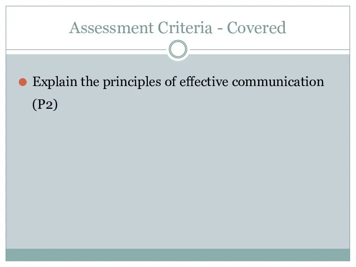 Assessment Criteria - Covered Explain the principles of effective communication (P2)