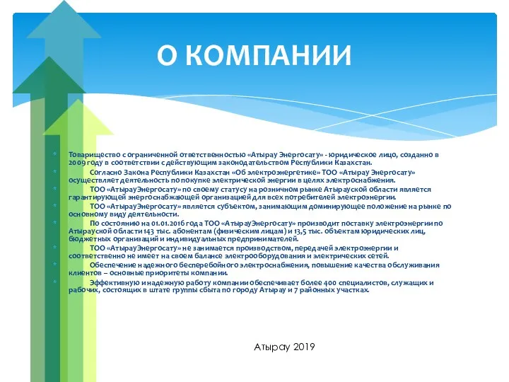 Атырау 2019 О КОМПАНИИ Товарищество с ограниченной ответственностью «Атырау Энергосату» - юридическое лицо,