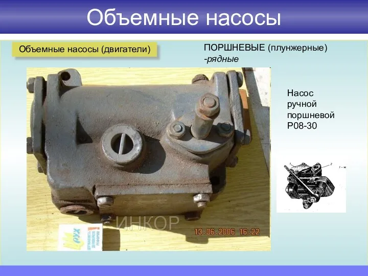 Объемные насосы Объемные насосы (двигатели) ПОРШНЕВЫЕ (плунжерные) -рядные Насос ручной поршневой Р08-30