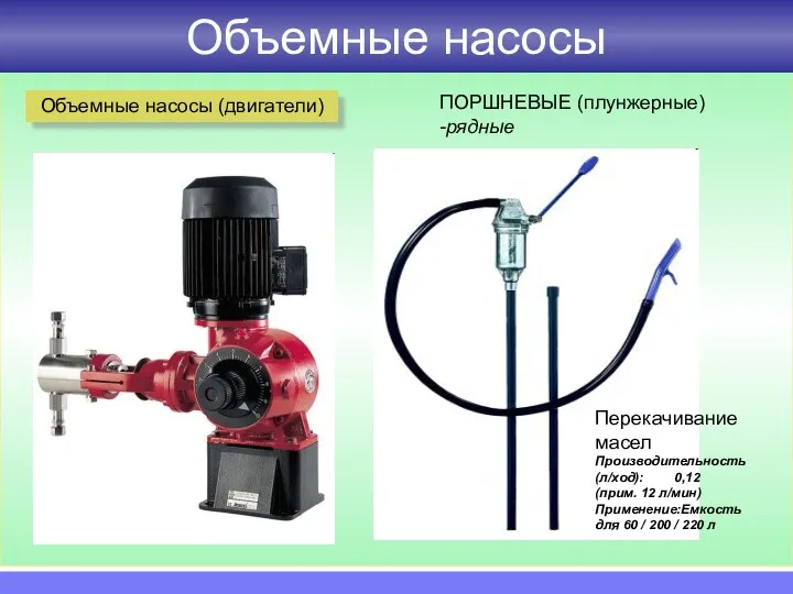 Объемные насосы Объемные насосы (двигатели) ПОРШНЕВЫЕ (плунжерные) -рядные Перекачивание масел