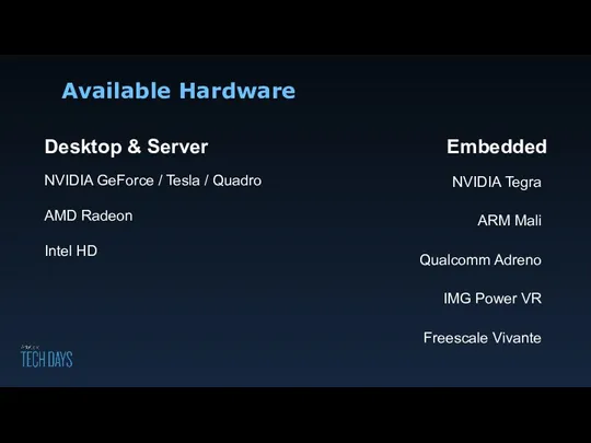 Available Hardware NVIDIA GeForce / Tesla / Quadro AMD Radeon