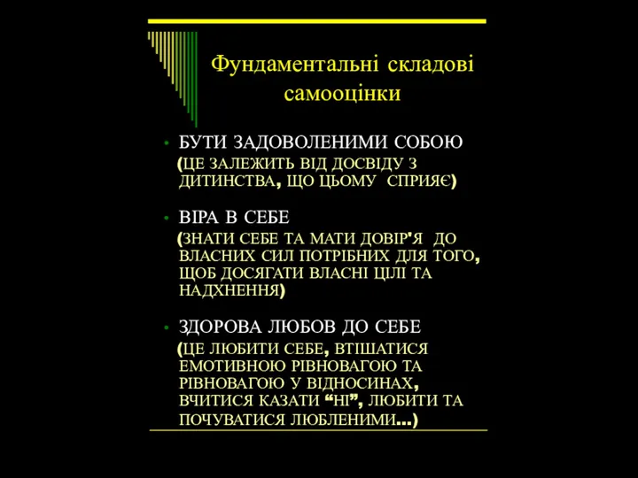 Фундаментальні складові самооцінки БУТИ ЗАДОВОЛЕНИМИ СОБОЮ (ЦЕ ЗАЛЕЖИТЬ ВІД ДОСВІДУ