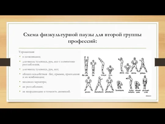 Схема физкультурной паузы для второй группы профессий: Упражнения: в потягивании;