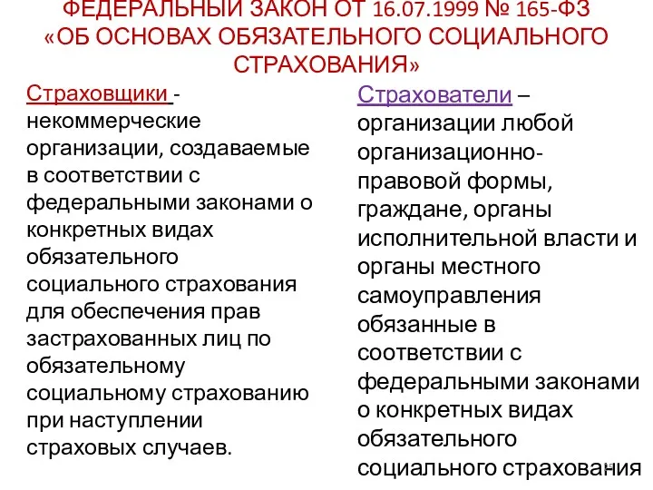 ФЕДЕРАЛЬНЫЙ ЗАКОН ОТ 16.07.1999 № 165-ФЗ «ОБ ОСНОВАХ ОБЯЗАТЕЛЬНОГО СОЦИАЛЬНОГО СТРАХОВАНИЯ» Страховщики -