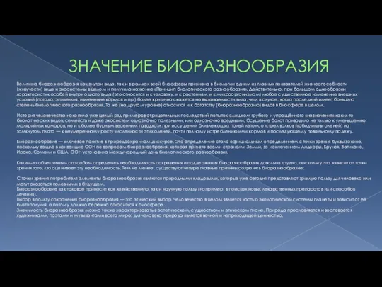 ЗНАЧЕНИЕ БИОРАЗНООБРАЗИЯ Величина биоразнообразия как внутри вида, так и в