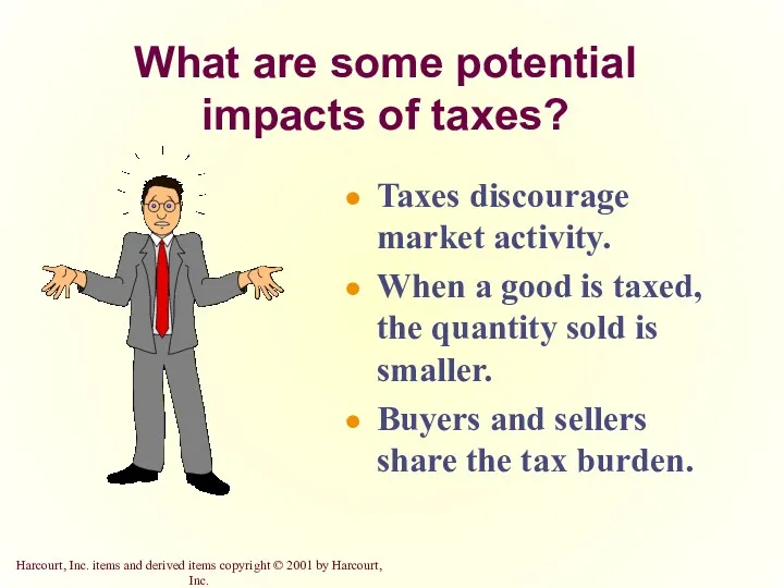 What are some potential impacts of taxes? Taxes discourage market