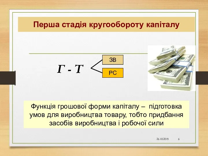 Перша стадія кругообороту капіталу Г - Т ЗВ РС Функція