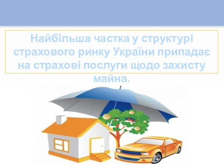 Найбільша частка у структурі страхового ринку України припадає на страхові послуги щодо захисту майна.