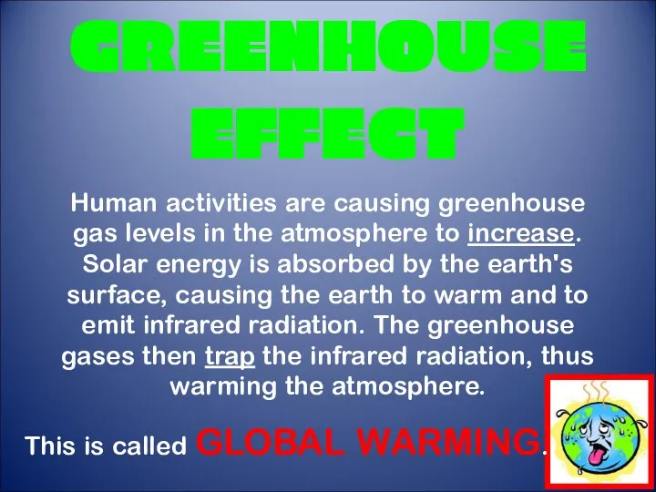 GREENHOUSE EFFECT Human activities are causing greenhouse gas levels in the atmosphere to