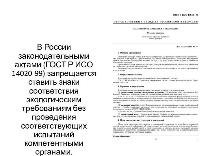 В России законодательными актами (ГОСТ Р ИСО 14020-99) запрещается ставить знаки соответствия экологическим