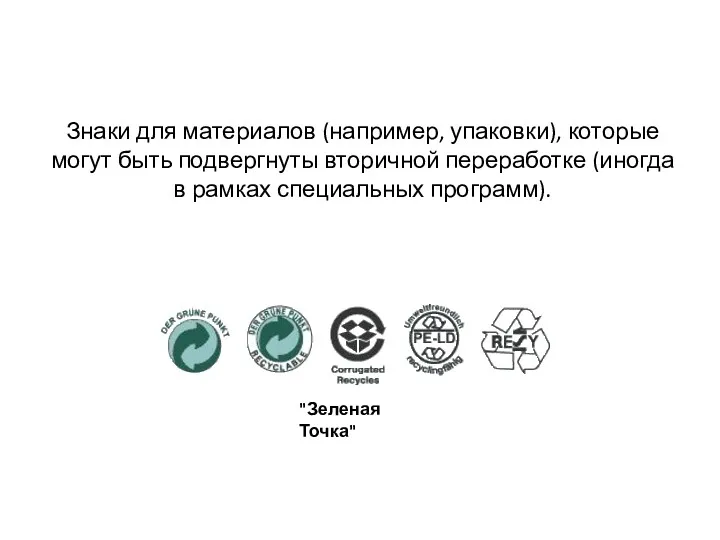 Знаки для материалов (например, упаковки), которые могут быть подвергнуты вторичной переработке (иногда в