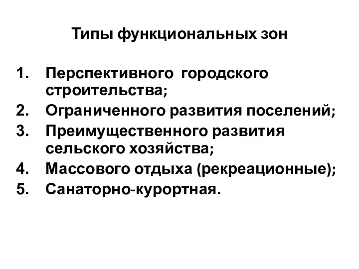 Типы функциональных зон Перспективного городского строительства; Ограниченного развития поселений; Преимущественного