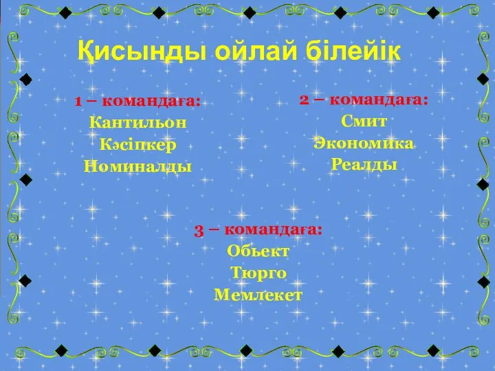 1 – командаға: Кантильон Кәсіпкер Номиналды 2 – командаға: Смит