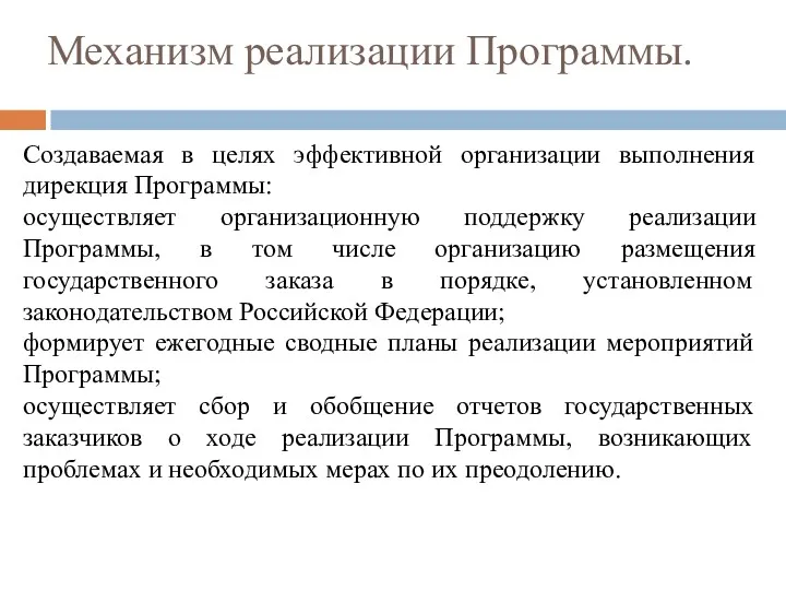 Механизм реализации Программы. Создаваемая в целях эффективной организации выполнения дирекция