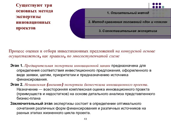 Существуют три основных метода экспертизы инновационных проектов Процесс оценки и