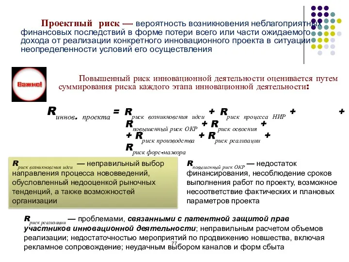 Проектный риск — вероятность возникновения неблагоприятных финансовых последствий в форме