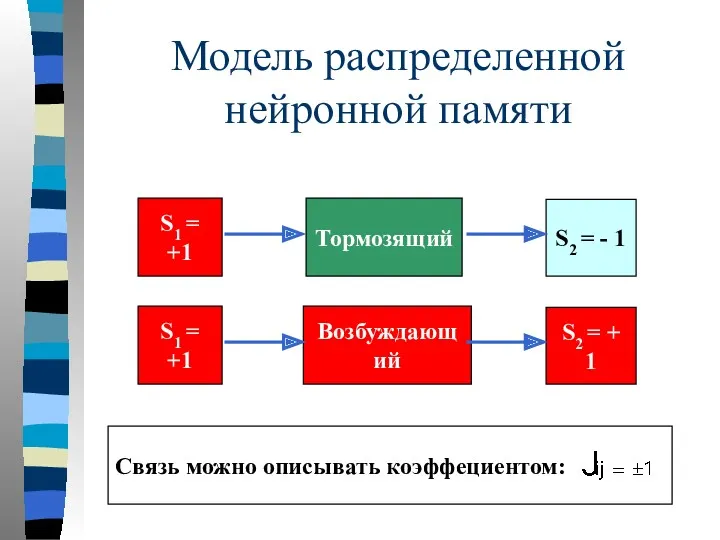 Модель распределенной нейронной памяти Тормозящий S1 = +1 S2 =