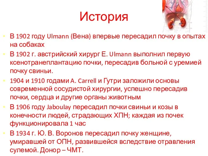 История В 1902 году Ulmann (Вена) впервые пересадил почку в