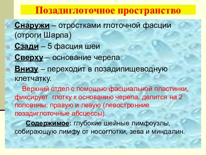 Позадиглоточное пространство Снаружи – отростками глоточной фасции (отроги Шарпа) Сзади