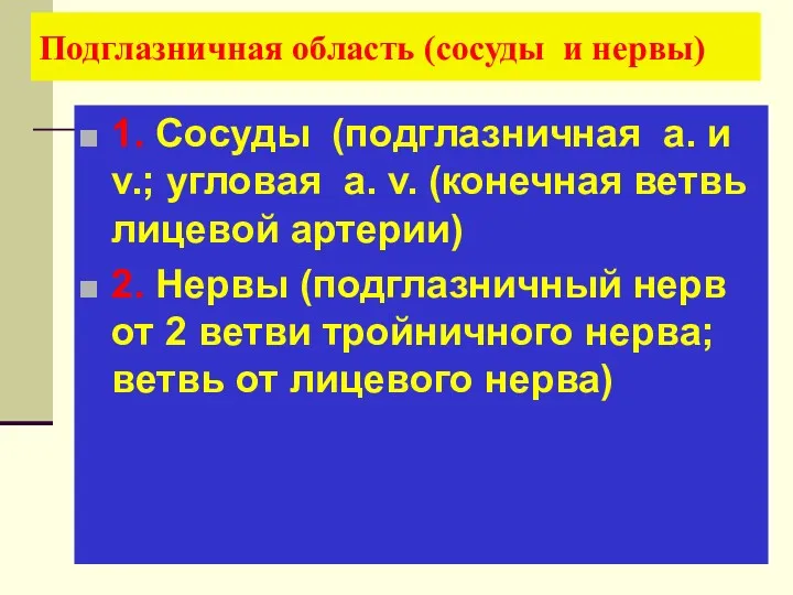 Подглазничная область (сосуды и нервы) 1. Сосуды (подглазничная а. и