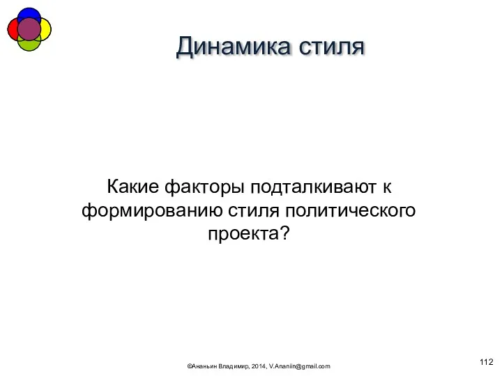 Динамика стиля ©Ананьин Владимир, 2014, V.Ananiin@gmail.com Какие факторы подталкивают к формированию стиля политического проекта?