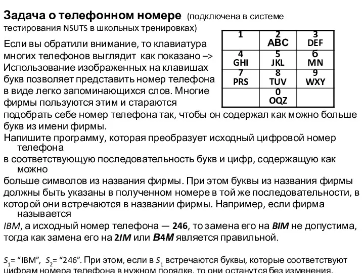 Задача о телефонном номере (подключена в системе тестирования NSUTS в школьных тренировках) Если