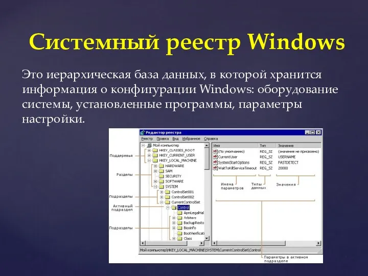 Это иерархическая база данных, в которой хранится информация о конфигурации Windows: оборудование системы,