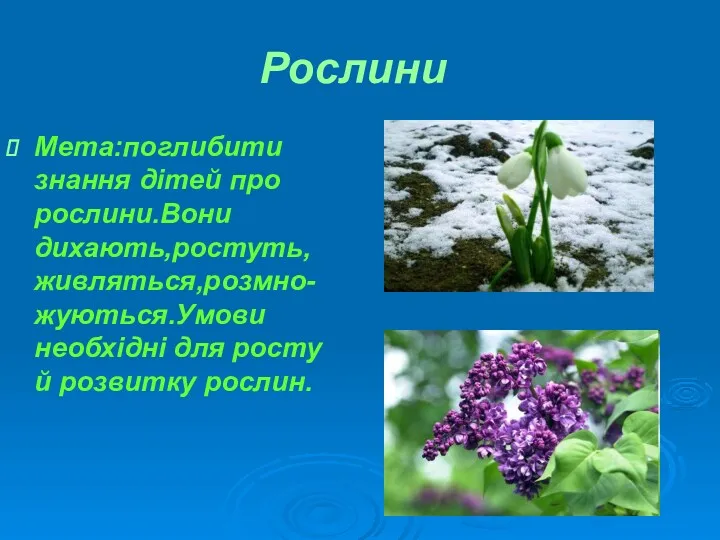 Рослини Мета:поглибити знання дітей про рослини.Вони дихають,ростуть,живляться,розмно-жуються.Умови необхідні для росту й розвитку рослин.