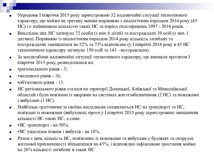 Упродовж І півріччя 2015 року зареєстровано 32 надзвичайні ситуації техногенного