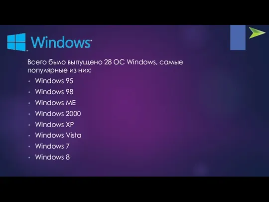Всего было выпущено 28 ОС Windows, самые популярные из них: