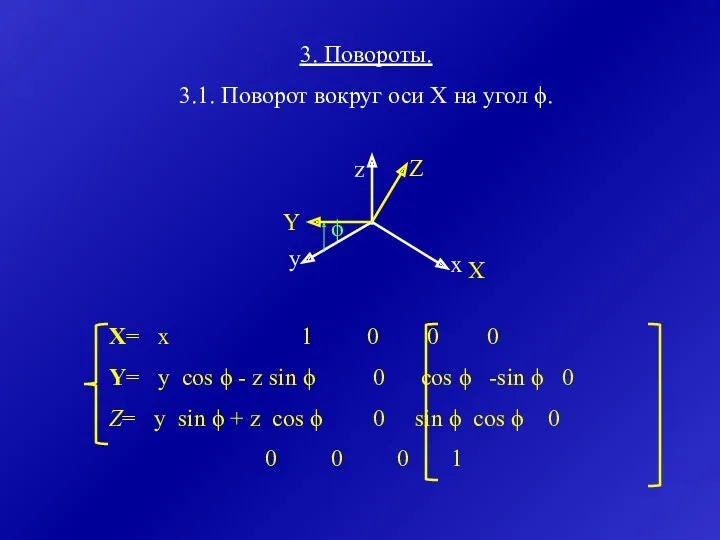 X= x 1 0 0 0 Y= y cos ϕ - z sin