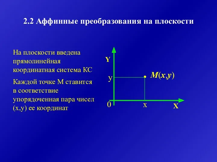 2.2 Аффинные преобразования на плоскости На плоскости введена прямолинейная координатная система КС Каждой