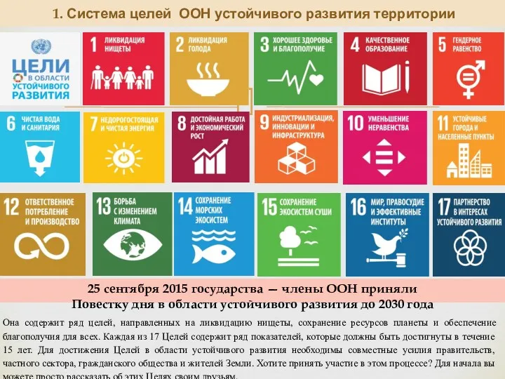 1. Система целей ООН устойчивого развития территории Она содержит ряд целей, направленных на