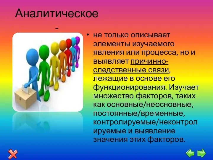 Аналитическое - не только описывает элементы изучаемого явления или процесса,