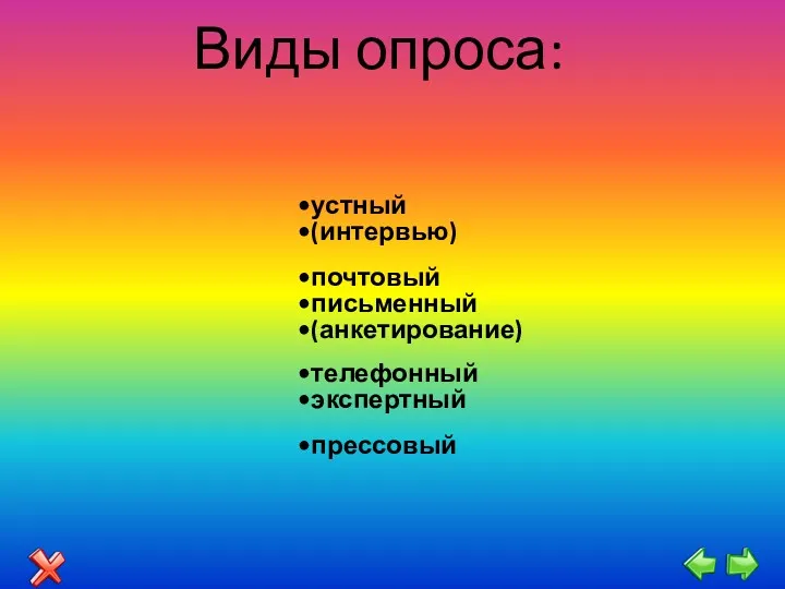 Виды опроса: устный (интервью) почтовый письменный (анкетирование) телефонный экспертный прессовый