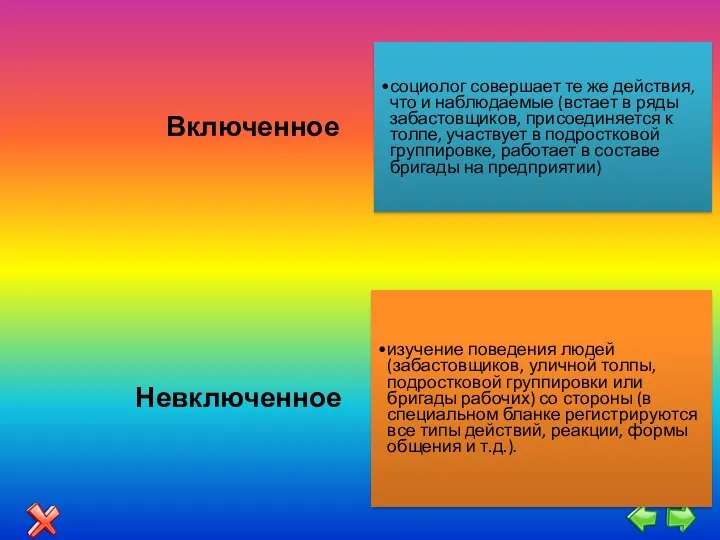 Включенное социолог совершает те же действия, что и наблюдаемые (встает