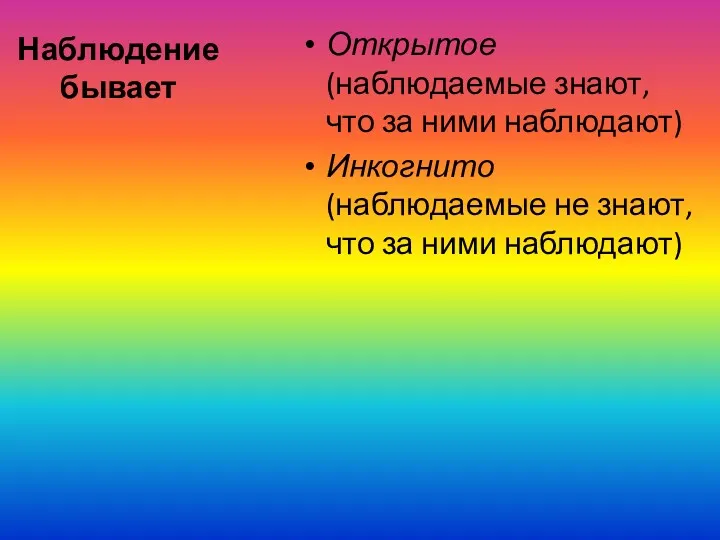 Наблюдение бывает Открытое (наблюдаемые знают, что за ними наблюдают) Инкогнито