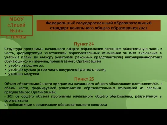 МБОУ «Лицей №14» г. Пензы Пункт 24 Структура программы начального