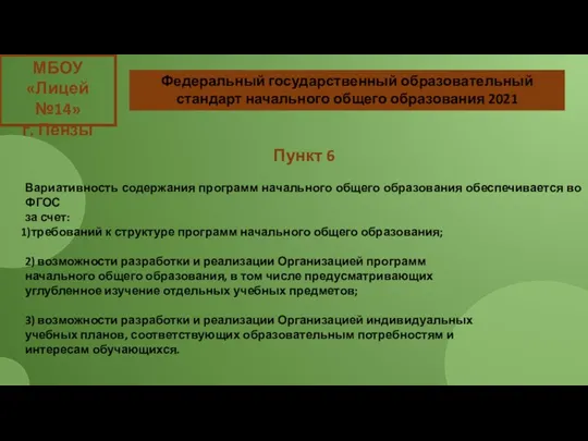 МБОУ «Лицей №14» г. Пензы Пункт 6 Вариативность содержания программ