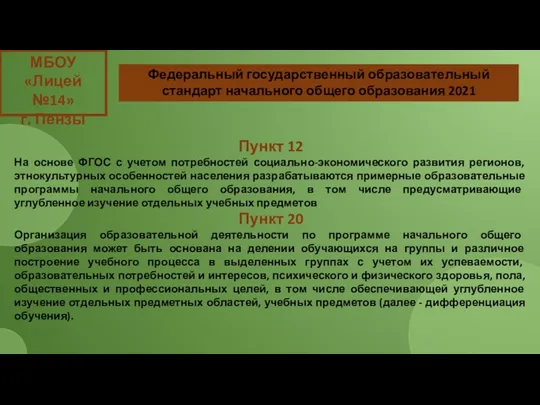 МБОУ «Лицей №14» г. Пензы Пункт 12 На основе ФГОС