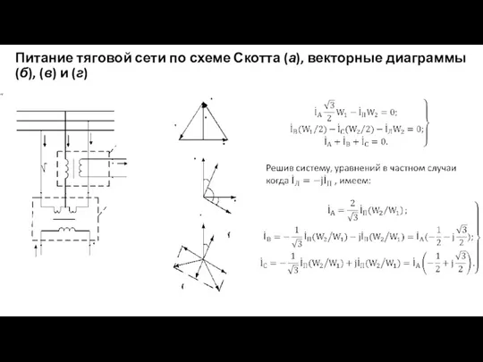 Питание тяговой сети по схеме Скотта (а), векторные диаграммы (б), (в) и (г)