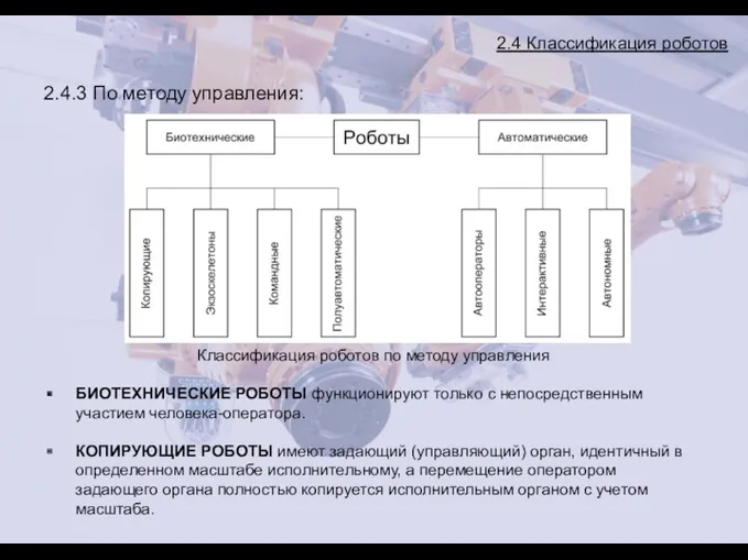 2.4 Классификация роботов 2.4.3 По методу управления: Классификация роботов по