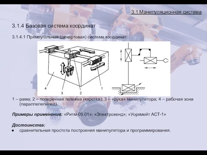 3.1 Манипуляционная система 3.1.4 Базовая система координат 3.1.4.1 Прямоугольная (декартовая)