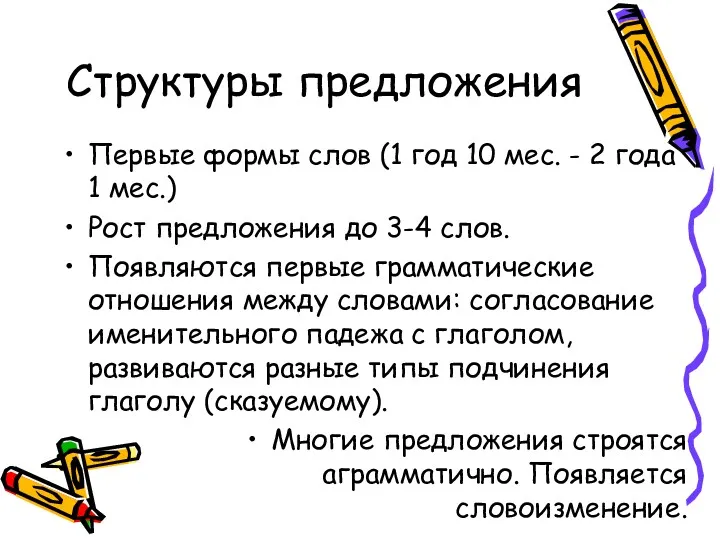 Структуры предложения Первые формы слов (1 год 10 мес. - 2 года 1