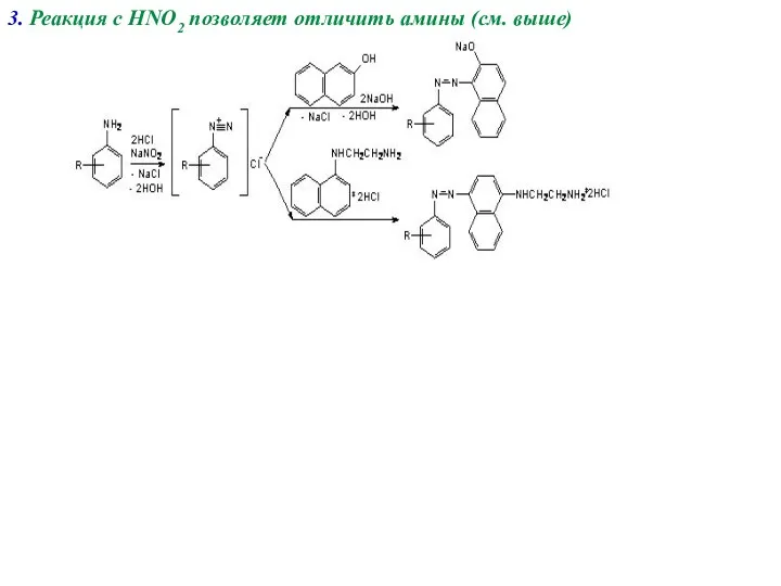 3. Реакция с HNO2 позволяет отличить амины (см. выше)