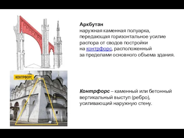 Контрфорс – каменный или бетонный вертикальный выступ (ребро), усиливающий наружную