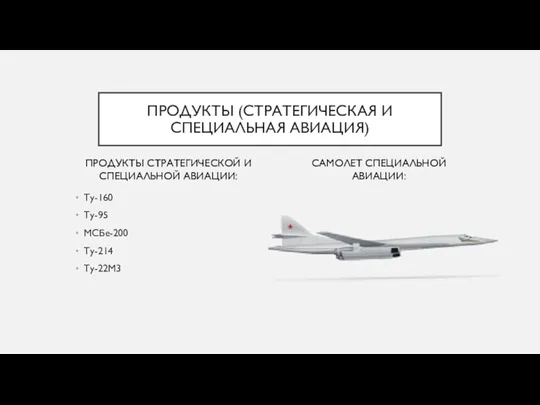 ПРОДУКТЫ СТРАТЕГИЧЕСКОЙ И СПЕЦИАЛЬНОЙ АВИАЦИИ: Ту-160 Ту-95 МСБе-200 Ту-214 Ту-22М3